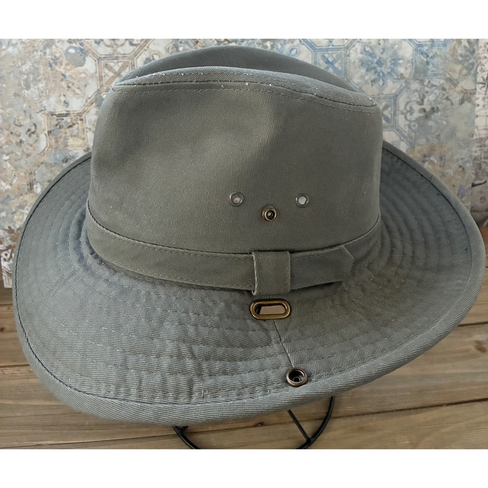 J Hats Mens Olive Green Canvas Safari Fedora Wide Brim Outdoor Sun Hat Size M
